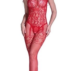 Sexy Fiery Red Body Stocking Lingerie Mock Lace Pattern Size Fits Most